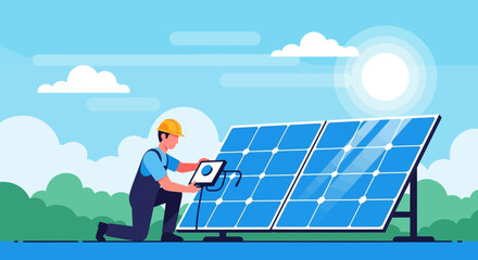Obraz premium Illustration of a technician installing solar panels on a sunny day, representing renewable energy solutions