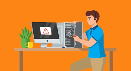 Skilled computer technician repairing a faulty desktop PC with an error warning, illustrating professional IT support, hardware maintenance, and troubleshooting services