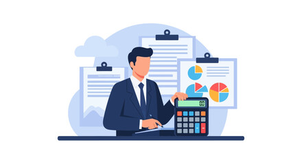 Professional accountant with calculator and financial reports on clipboards, symbolizing accounting and finance