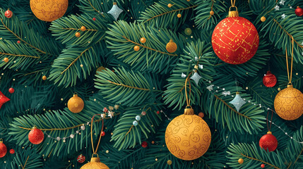 A detailed christmas tree with gold and red ornaments and small silver stars hanging