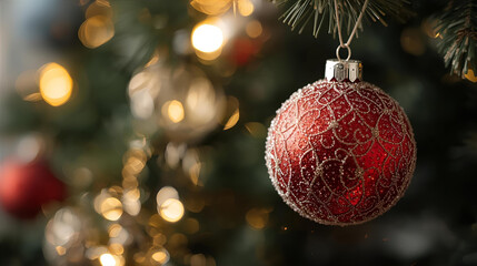 A close up of a red christmas ornament hanging on a christmas tree with lights bokeh