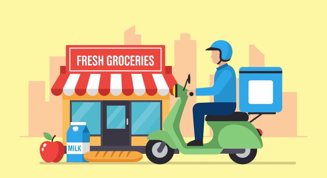 Express online grocery delivery service concept with a courier riding a scooter from a local food market