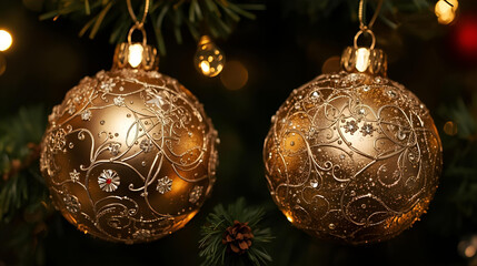 Two golden christmas ornaments hanging on a christmas tree with decorative details shown