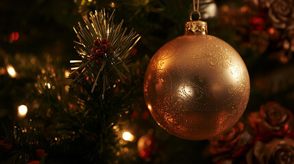 Close up of a golden christmas ornament hanging on a christmas tree with lights and decor