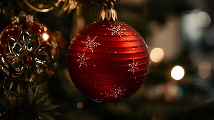Close up shot of a red christmas ornament with snowflakes hanging on a christmas tree
