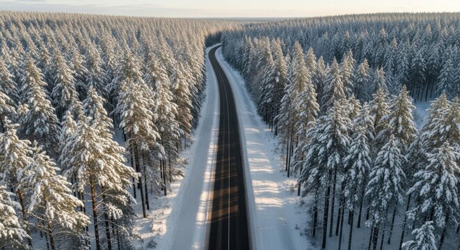 Aerial view of a road cutting through a snow covered forest on a bright winter day in the countryside landscape