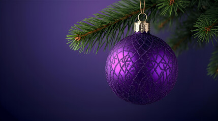 A purple christmas ornament hanging from a pine branch against a purple background scene