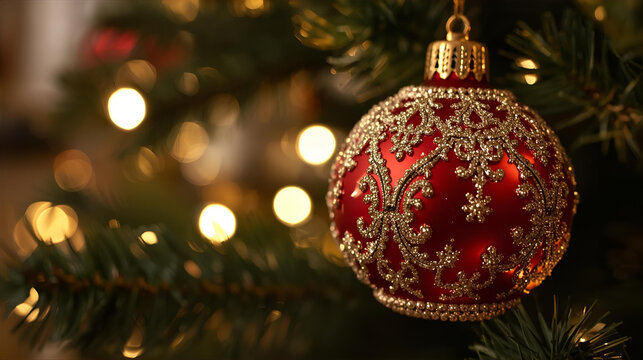 A close up of a red christmas ornament with gold detailing hanging on a tree branch - Powered by Adobe