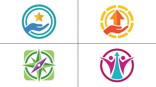 Four vibrant logo designs featuring hands stars arrows compasses and people on transparent background