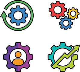 Colorful gear icons depicting process teamwork and growth ideal for various design projects on transparent background