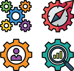 Colorful arrangement of gears with icons representing business analytics and people on transparent background
