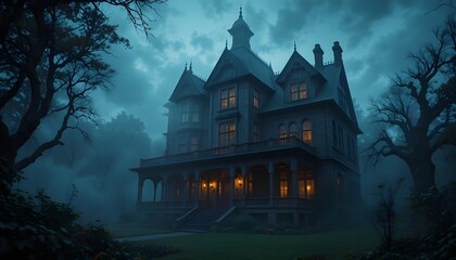 Haunted Victorian Mansion
“A grand Victorian mansion partially obscured by swirling fog, overgrown garden, gothic windows, dusk lighting, spooky and atmospheric illustration.”