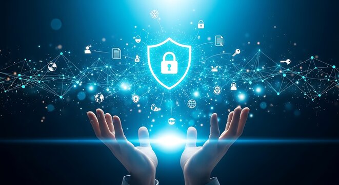 Digital security shield with hands protecting data and information technology