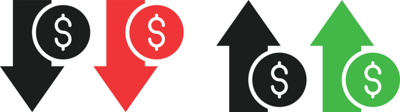 Dollar Increase and Decrease Icon Set. Financial Metrics and Market Trend Symbols. Profit/Loss Reporting Symbol Collection. Money Growth and Financial Loss Arrow Icons collection
