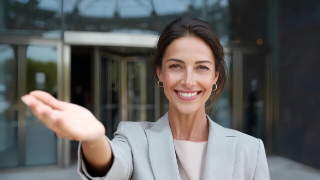female financial advisor on the left side of picture, she is handsome brunette about 45 years old, elegantly dressed in a women's suit, stands in front of the entrance to the office and invites you