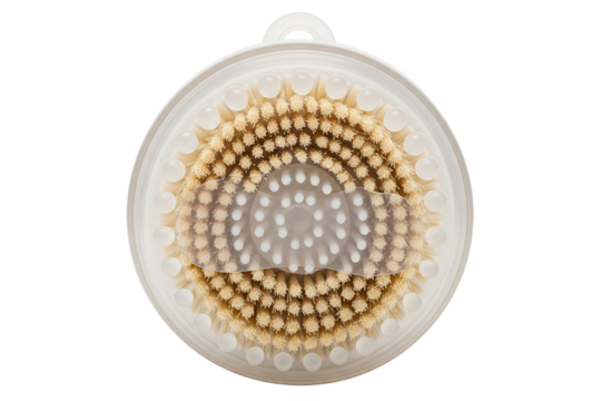 Round dry body brush with natural bristles and massage nodules on a transparent background