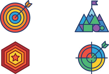 Obraz premium colorful line art icons depicting a target mountain hexagon and circular chart on transparent background