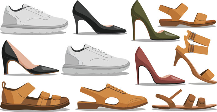 Collection of footwear design includes sandals sneakers and high heels representing style fashion trends for various occasions vector illustration