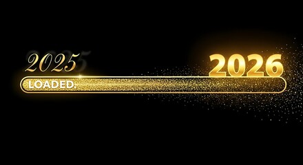 Golden progress bar loading from 2025 to 2026 with sparkling glitter and dark background symbolizing the transition to the new year