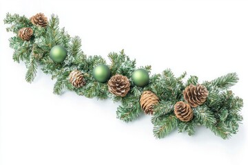 Festive evergreen garland adorned with pinecones and green ornaments on a white background