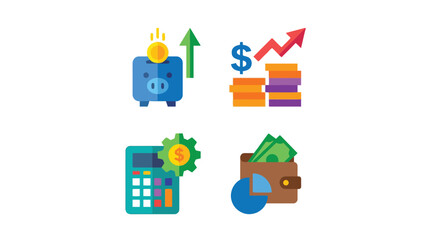 Detailed financial icons depicting savings growth calculation and wealth management on transparent background
