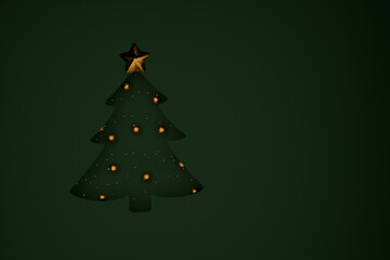 Simple, abstract Christmas tree with golden toy ball with subtle lights and a golden star on a rich, dark green background. Clean holiday design element with plenty of space for text.