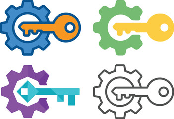 Colorful gear and key icons in various styles including outline and solid designs on transparent background