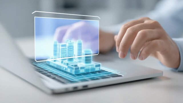 Digital Interface with Building Model on Laptop in Modern Office Setting 4k video footage