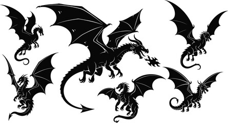 Collection of fierce fire-breathing dragon silhouettes with detailed wings, mythical fantasy creatures, powerful flying reptiles and dramatic black artwork © Shuvo creative