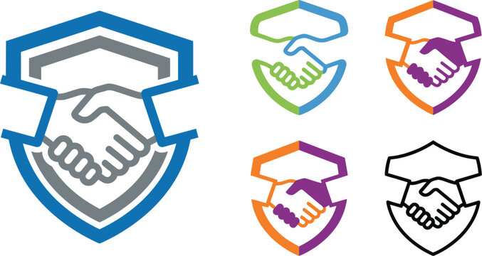 A set of colorful shield icons featuring a handshake over a graduation cap on transparent background