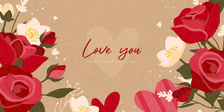 Romantic floral banner with red roses, soft heart silhouette and grainy texture, suitable for Valentine's Day greetings, wedding designs and romantic projects, vector illustration