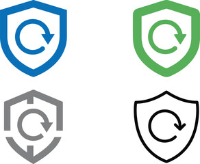Four shield icons with circular arrows representing security and recycling on transparent background
