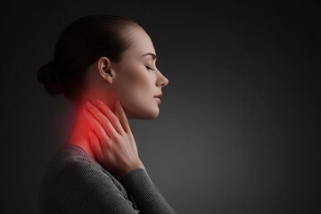 Exploring the feeling of discomfort as a woman contemplates her neck pain in a soft lit, modern setting during a quiet evening