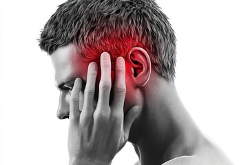 Experiencing discomfort from ear pain while touching his head in a dramatic black and white setting with hints of red indicating the affected area