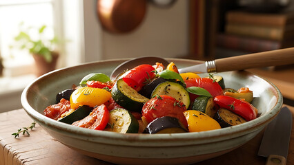 A rustic bowl of colorful roasted vegetables with fresh herbs, ready to serve.