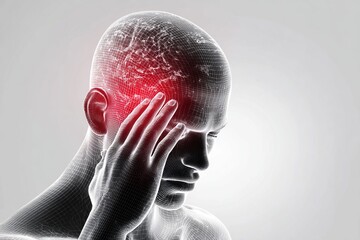 Striking visuals of a human figure with a digital representation of pain in the head, suggesting the complexity of feelings and experiences in a modern world