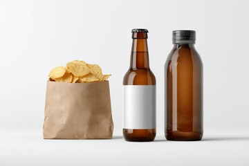 Delicious snack time with crispy chips and refreshing drinks in brown paper packaging perfect for casual gatherings and fun moments together