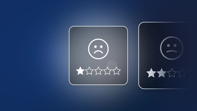 Digital star rating, 1 out of 5 stars and negative sad face icon, indicating extreme customer dissatisfaction, low evaluation score, service failure problems, brand reputational risk, Copy space