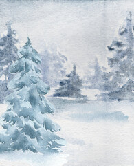 Watercolor painting of a snowy forest with pine trees isolated on white. Minimalist winter landscape hand drawn for greeting card, holiday background, or nature theme. Monochrome winter landscape.