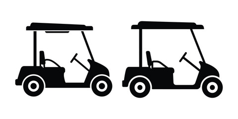 Two black golf carts are displayed on a white isolated background