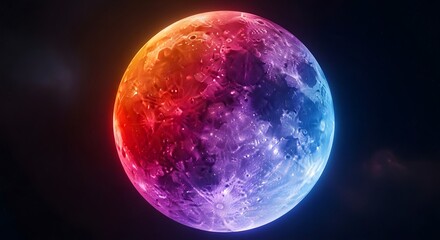 Rainbow colored moon against black background colorful lunar surface art