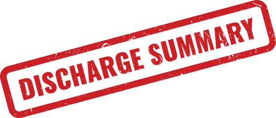 Grungy red rectangular stamp text indicating a medical patient discharge summary document