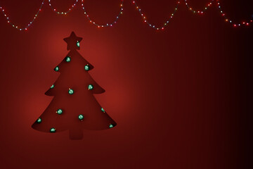 Minimalist holiday design. Stylized Christmas tree cutout illuminated by green bulbs on a deep red backdrop. Perfect for greeting cards, banners, and digital invitations. Christmas red background