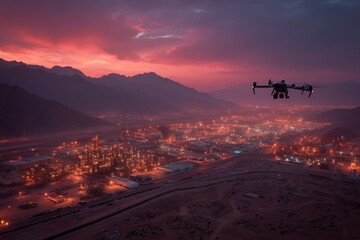 Dusk over the valley with a drone capturing the beauty of an industrial landscape illuminated by warm lights against a stunning mountain backdrop