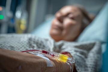 Hospital scene capturing a patient receiving medical treatment with IV fluid in a calm and caring environment during early morning hours