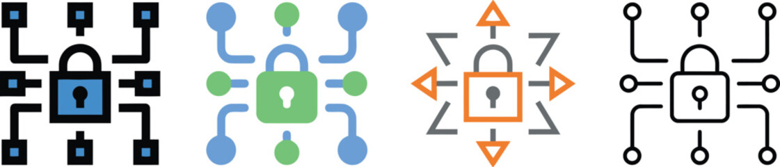 Detailed vector illustrations of colorful circuit board lock icons showcasing digital security concepts on transparent background