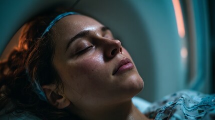 A tranquil and calming atmosphere envelops the room during a late night medical imaging session in the hospital, where relaxation beautifully unfolds in a serene moment