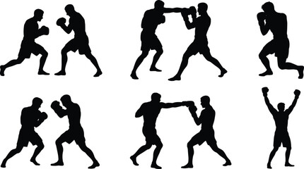 Set of boxing silhouettes, fighters sparring and punching, black vector sport men, champion winning pose, isolated on white background