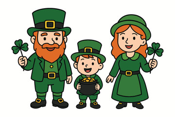 Happy leprechaun family celebrating st patricks day with shamrocks