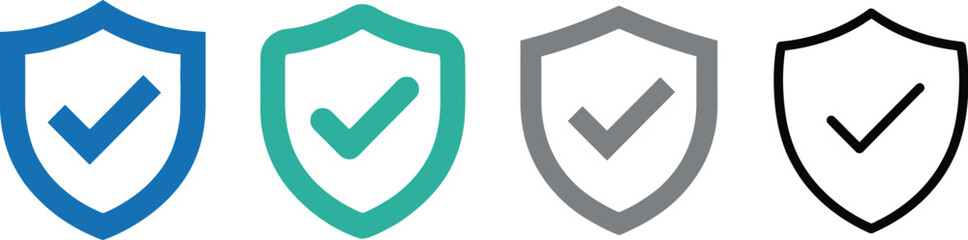 Four shield icons with checkmarks in varying colors and styles perfect for digital use on transparent background